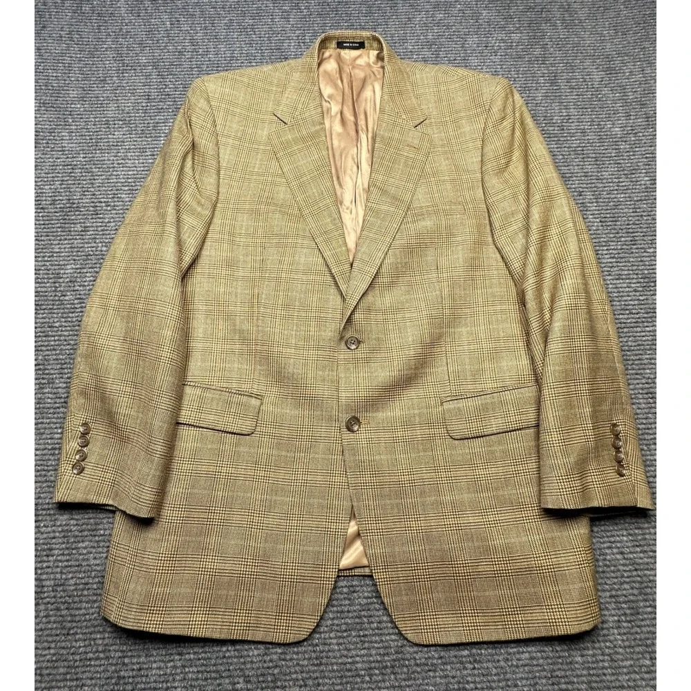 Lauren Ralph Lauren Blazer Mens 44R Tan Glen Plaid Silk Wool Sport Coat